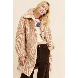 Apparis Rico Swirl Print Long Coat Faux Fur Sherpa Camel Brown Cream Size XS